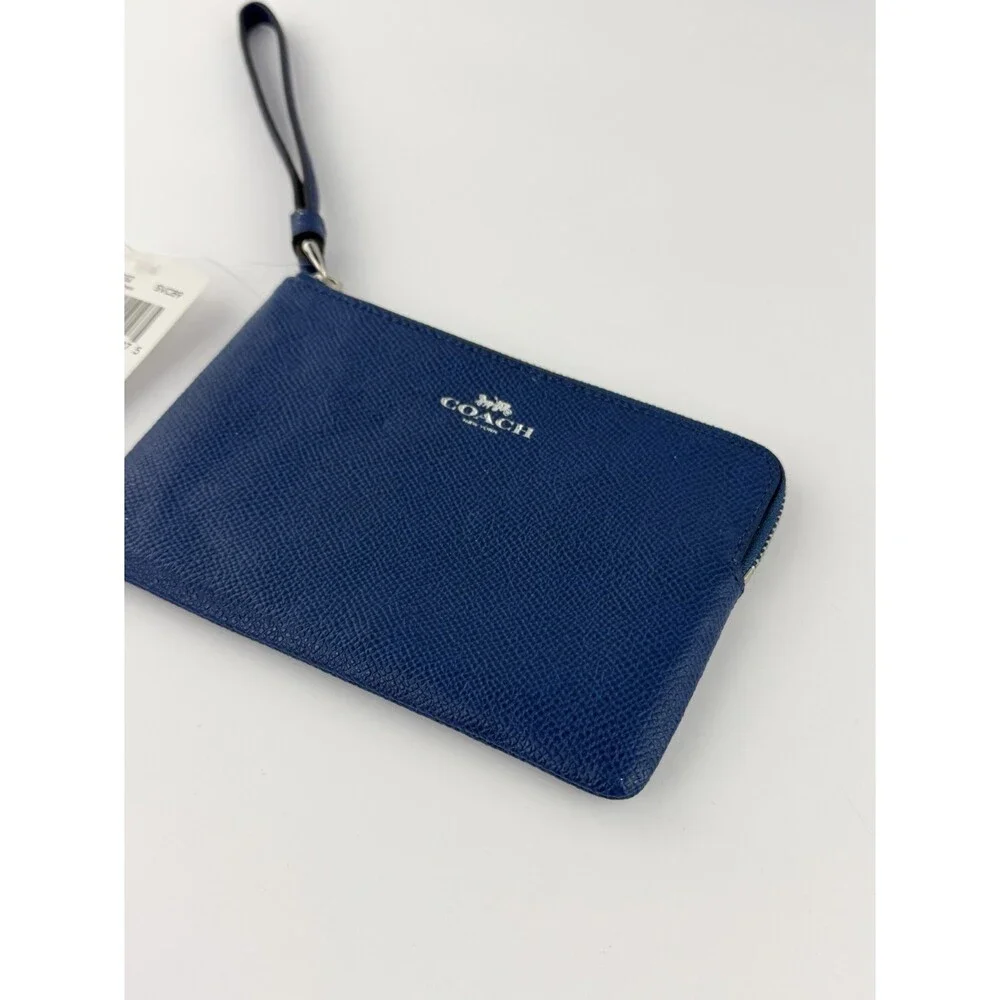 COACH Midnight Blue Leather Corner Zip Wristlet Wallet w/ Strap Logo *NWT* $75